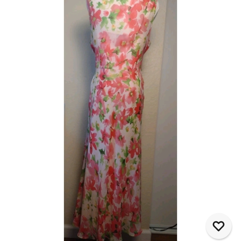Chadwicks 12P Pink and Green Floral Maxi Dress Side Zip Tie Belt - Picture 2 of 8